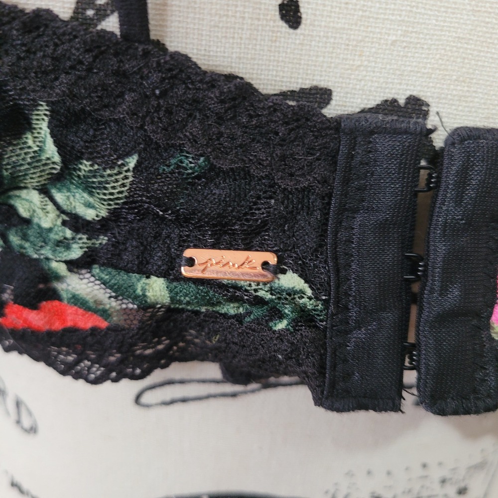 PINK Victoria's Secret Black Floral Lace Bralette with Red & Pink Embroidery - Picture 4 of 13